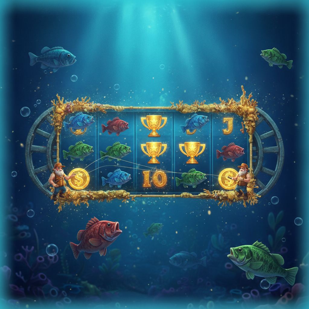 Big Bass Trophy Catch slot game screenshot showing 5x3 reel grid underwater with turquoise water, golden sunlight rays, Money fish symbols with cash values, three fishermen collectors on the side offering Free Spins, and fishing-themed premium symbols including tackle box, dragonfly, and bobber