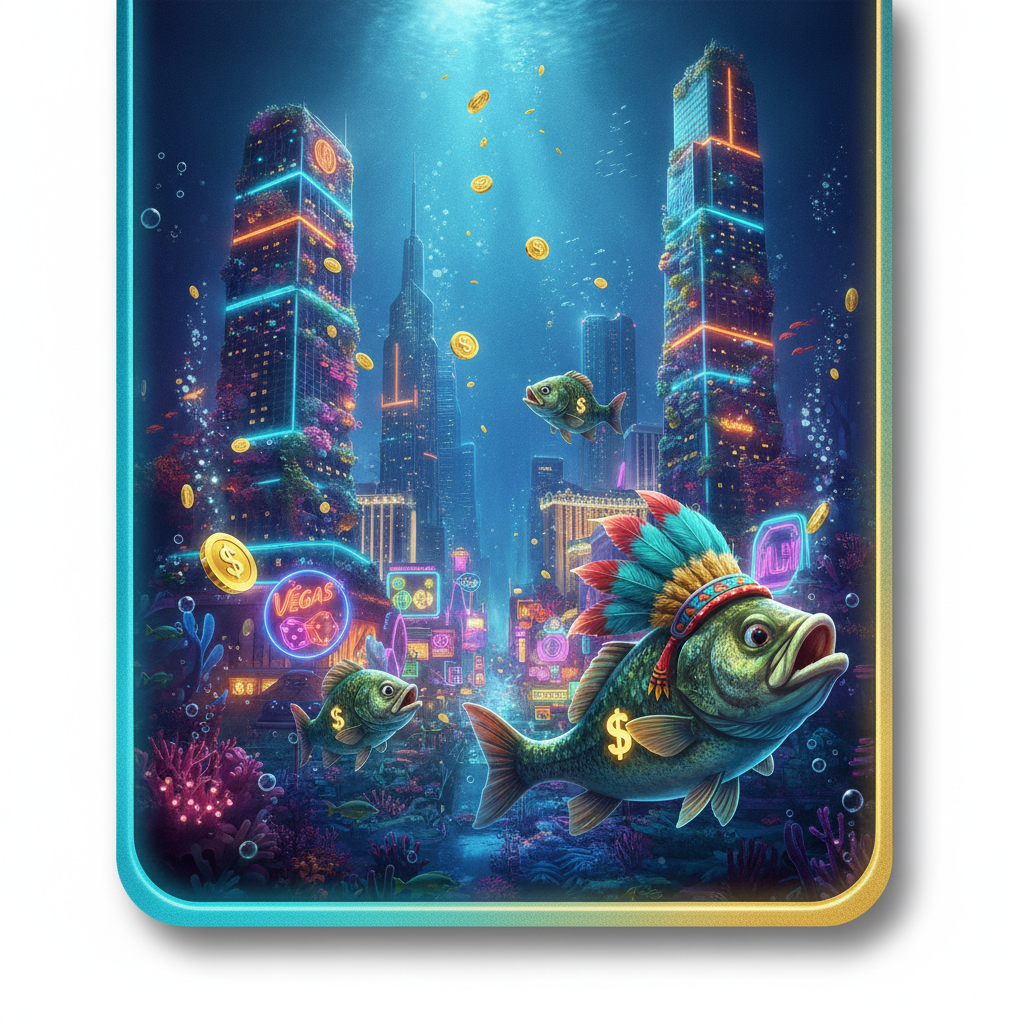 Big Bass Vegas Double Down Deluxe slot game featuring cartoon bass fish with feathered headdress, neon-lit Las Vegas cityscape above waterline, underwater scene with golden coins and Money Fish symbols displaying cash values, fisherman character in neon outline holding fishing rod