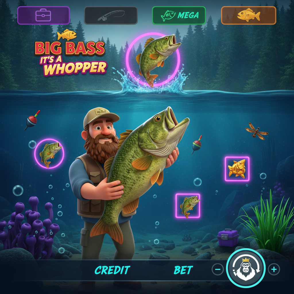 Big Bass It's a Whopper Jackpot Bonanza slot game featuring fisherman holding trophy bass fish with jumping fish, underwater lake scene with bubbles, purple scatter symbols, golden money fish symbols, and four progressive jackpot indicators