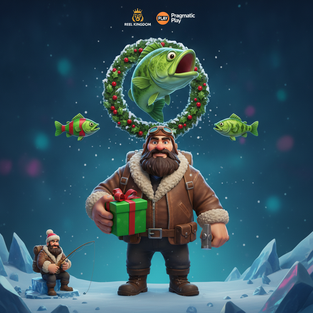 Big Bass Xmas Xtreme slot game featuring bearded fisherman in winter gear holding Christmas gift on snowy Arctic landscape with bass fish bursting through festive wreath