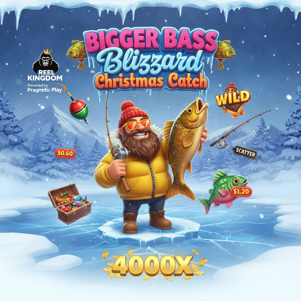 Bigger Bass Blizzard Christmas Catch slot game showing cartoon fisherman in bright yellow jacket and red beanie holding golden fish on frozen ice with snowy pine trees and Christmas decorations, featuring WILD and MONEY symbols with multiplier mechanics
