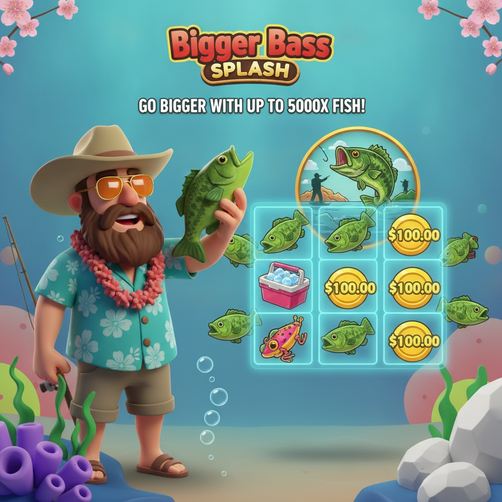Bigger Bass Splash slot game featuring cartoon fisherman in Hawaiian shirt and sunglasses holding green bass fish against turquoise underwater ocean background with coral reefs and cherry blossoms