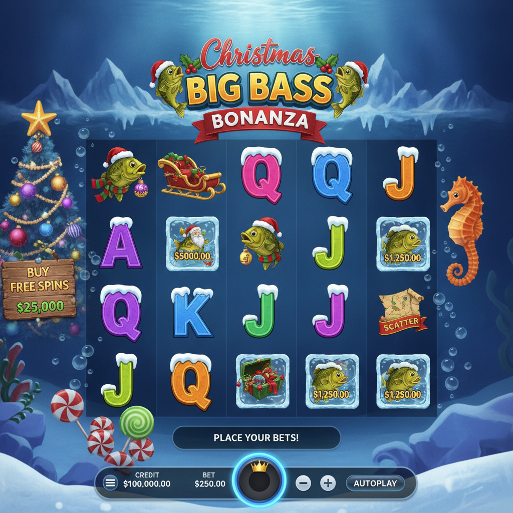 Christmas Big Bass Bonanza slot game showing underwater Christmas theme with festive bass fish wearing Santa hats, ice-frosted letter symbols, Santa Claus Wild fisherman, and money symbols with dollar values on 5x3 reels
